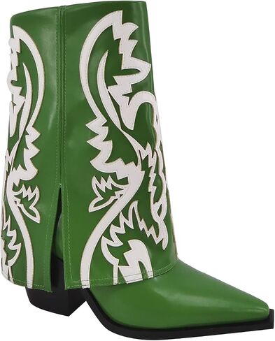 Women's Western Cowboy Boots Mid-calf Pointed Toe Chunky Block Heel Embroidered Boots Pull On Cowgirl Booties in Saudi Arabia