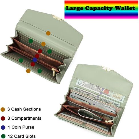 محفظة نسائية مبطنة من Sunwel Fashion مصنوعة من الجلد النباتي وحامل بطاقات ثنائية الطي ومحفظة نسائية ذات سعة كبيرة وسحاب للعملات المعدنية (كريمي) in Kuwait