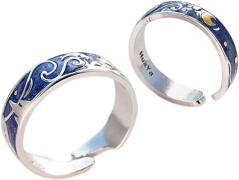 2 قطع فان جوخ السماء المرصعة بالنجوم القمر نجمة حلقة خمر نمط فريد الأزرق فتح الفرقة حلقة خمر الفضة قابل للتعديل للنساء فتاة مراهقات خواتم الهدايا in Kuwait