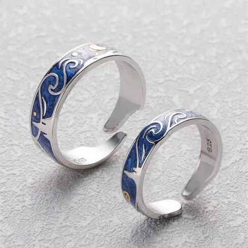 2 قطع فان جوخ السماء المرصعة بالنجوم القمر نجمة حلقة خمر نمط فريد الأزرق فتح الفرقة حلقة خمر الفضة قابل للتعديل للنساء فتاة مراهقات خواتم الهدايا in Kuwait