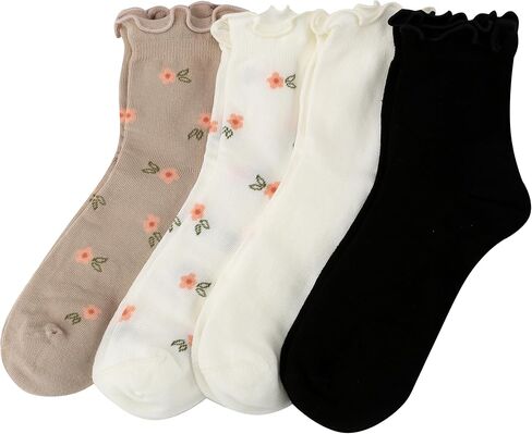 JZTRY Thin Cotton Ruffle Sock, 4 Pairs Cute Casual Ankle Socks, Breathable Cool Cotton Crew Socks, Seamless Design, Suit for Women, Size 6-9 in Kuwait