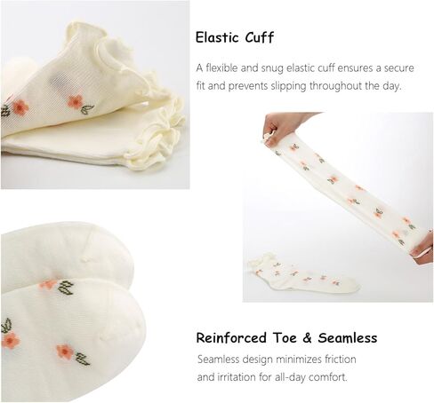 JZTRY Thin Cotton Ruffle Sock, 4 Pairs Cute Casual Ankle Socks, Breathable Cool Cotton Crew Socks, Seamless Design, Suit for Women, Size 6-9 in Kuwait