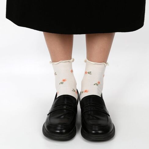 JZTRY Thin Cotton Ruffle Sock, 4 Pairs Cute Casual Ankle Socks, Breathable Cool Cotton Crew Socks, Seamless Design, Suit for Women, Size 6-9 in Kuwait