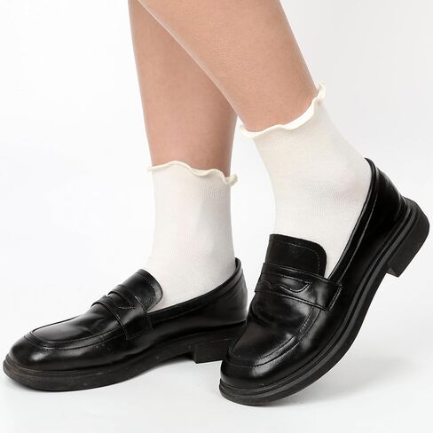 JZTRY Thin Cotton Ruffle Sock, 4 Pairs Cute Casual Ankle Socks, Breathable Cool Cotton Crew Socks, Seamless Design, Suit for Women, Size 6-9 in Kuwait