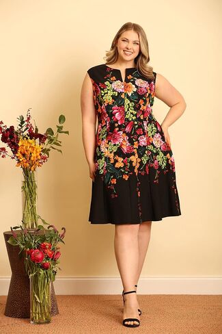 London Times Women's Feminine Floral Split Neck Flattering Fit and Flare Career Guest of Chic Polished in Saudi Arabia