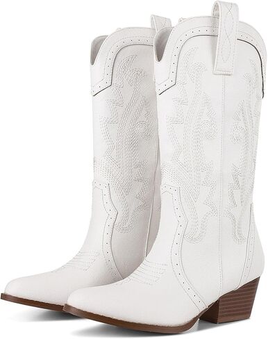 Mikarka أحذية رعاة البقر للنساء مطرزة أحذية راعية البقر الغربية السيدات أشار تو كعب مكتنز منتصف العجل أحذية الموضة in Kuwait