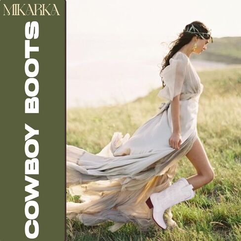 Mikarka أحذية رعاة البقر للنساء مطرزة أحذية راعية البقر الغربية السيدات أشار تو كعب مكتنز منتصف العجل أحذية الموضة in Kuwait