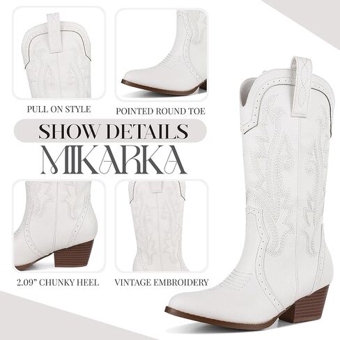 Mikarka أحذية رعاة البقر للنساء مطرزة أحذية راعية البقر الغربية السيدات أشار تو كعب مكتنز منتصف العجل أحذية الموضة in Kuwait