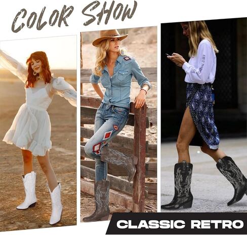 Mikarka أحذية رعاة البقر للنساء مطرزة أحذية راعية البقر الغربية السيدات أشار تو كعب مكتنز منتصف العجل أحذية الموضة in Kuwait