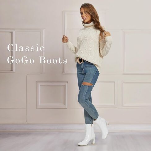 أحذية نسائية Go Go موضة بمقدمة مربعة أحذية منتصف الساق موضة أحذية بكعب عالي مكتنزة مثيرة من الجلد اللامع PU in Kuwait