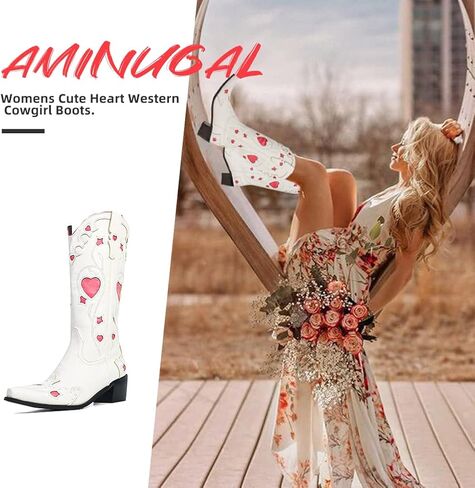 AMNUGAL إمرأة منتصف العجل مطرزة قطع لطيف القلب راعية البقر الأحذية سحب على نقطة اصبع القدم مكتنزة كعب أحذية رعاة البقر الغربية أحذية ركوب الخيل للنساء in Saudi Arabia
