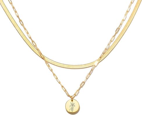 Gold Layered Necklaces for Women, Birth Flower Necklace, 18K Gold Plated layering Herringbone Snake Paperclip Chain Coin Choker Pendant Jewelry Gifts for Women, Dainty Gold Necklace Set in Saudi Arabia