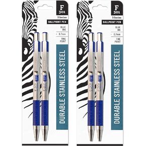 Zebra's F-301 Stainless Steel Retractable Ballpoint Pen 0.7mm, 4-pack