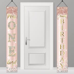 1st Birthday Decorations Miss Onederful Happy Birthday Door Banner for Baby Girls, First Birthday Porch Sign Party Supplies, Pink Rose Gold Happy One Year Old Birthday Decor for Indoor Outdoor