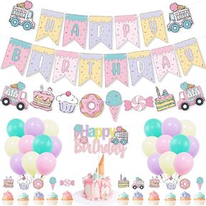 Comic Sweet Ice Cream Donut Birthday Party Decor, Cartoon 2D Comic HAPPY BIRTHDAY Party Banner Cake Toppers Balloons for Kids Awesome Ice Cream Theme Birthday Party Girls Candy Birthday Party Supplies