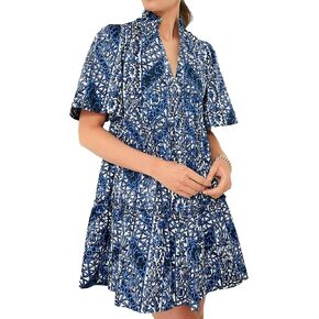 Womens 2024 Summer Mini Dress V-Neck Short Sleeve Blue Floral Sundress Flowy Swing A-Line Casual Dress