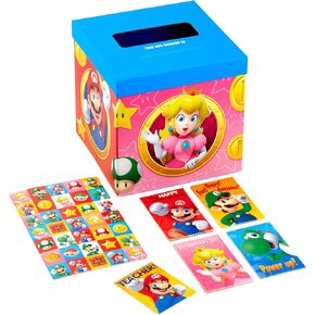 Hallmark Super Mario Bros Valentines Day Cards and Mailbox for Kids School Classroom Exchange (1 Box, 32 Valentine Cards, 35 Stickers, 1 Teacher Card)