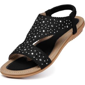 TEMOFON Flat Sandals for Women Dressy: Summer Open Toe Elastic Ankle Strap Sandals - Comfortable Walking Wide Sandals +Non Slip