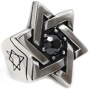 Mens Cubic Zirconia Stainless Steel Ring, Vintage Star of David, Black Silver