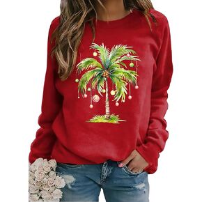 MHTOR Women Christmas Palm Tree Sweatshirt Funny Hawaiian Beach Tropical Xmas Long Sleeve Pullover Cute Snowflake Shirt Top