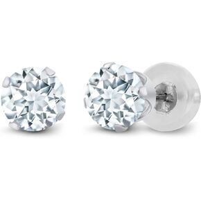 Gem Stone King 14K White Gold Sky Blue Aquamarine Stud Earrings For Women (0.80 Cttw, Gemstone Birthstone, Round 5MM)