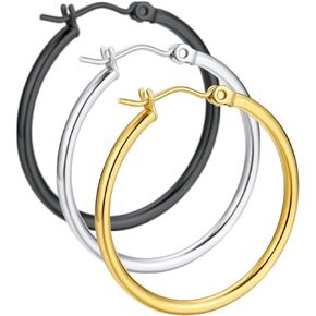 3 Pairs/Set Womens Stylish 2mm Thin Hoop Earrings Silver Gold Black Tone, Stainless Steel Earrings for Sensitive Ears Hypoallergenic, 30/40/50/60mm, Come Gift Box