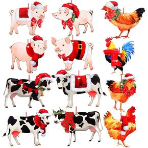 12 Pieces Christmas Farm Animal Ornament Christmas Cow Ornament Wooden Farm Animal Christmas Tree Hanging Decorations for Farmhouse Xmas Tree Decor (Farm Animals)