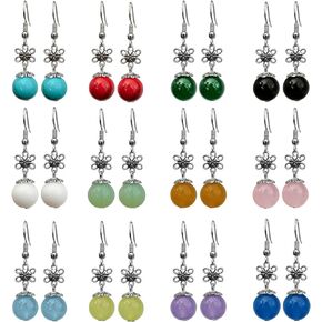 12 Pairs Ethnic Hex Flower Earrings Red Blue Colored Stones Black White Green Purple Chalcedony Beads