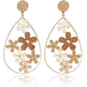 Hollow Raffia Flower Earrings, Handmade Large Teardrop Statement Drop and Dangle Earrings Summer Tropical Beach Jewelry