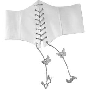 Women Lace Up Corset Waist Belt Fashionable Butterfly Chain Corset Elastic Wide Waist Belt for Dress (White)