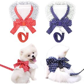 2 Pack Dog Harness and Leash Set Dot Bow Chest Straps Soft Mesh Breathable Fabric Small Dog Vest Harness Lace Dog Clothes Princess Dress for Small Medium Girl Dog Cat