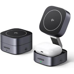 UGREEN 2-in-1 Qi2 Magnetic Foldable Charging Station, Fast Wireless Charger Compatible with iPhone 15 14 13 12, Airpods3 2 Pro (No AC Adapter)
