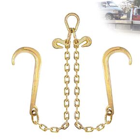 TKK Towing Chain Bridle，5/16" X 2ft V-Bridle Tow Chain with 15" J-Hooks and Grab Hooks Grade 70 Safety Chains for Flatbed Trucks, Yellow Zinc Plated, 4900 lbs Capacity