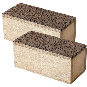 WHW Whole House Worlds Decorative Wood Boxes, Set of 2, Carved Leaf and Vine Details, Removable Lids, Durable Brown Mango, 6 Inches