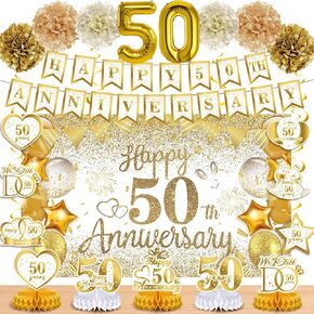 50th Wedding Anniversary Decorations White Gold Happy 50th Anniversary Banner Backdrop Honeycomb Centerpiece Hanging Swirls Pom Poms for 50th Golden Wedding Anniversary Party Decorations Supplies in Kuwait