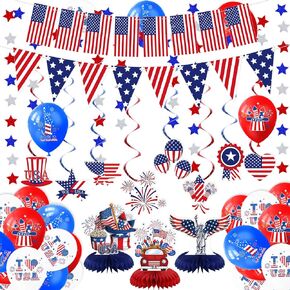 زخارف الرابع من يوليو، أحمر أبيض وأزرق، علم أمريكي، نجوم معلقة دوامات، قطع مركزية على شكل قرص العسل لعيد الاستقلال، بالونات ديكور للحفلات ليوم الاستقلال in Kuwait