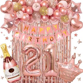 Ouddy Life 21st Birthday Decorations for Her, Rose Gold Birthday Party Decoration for Women Girls Pink Happy Birthday Banner Fringe Curtain Butterfly Rose Gold Balloons 21st Birthday Party Supplies