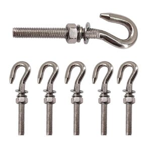 M10 6Pcs 304 Stainless Steel Hook Bolt with Washers and Nut Long Shank Round Hooks Threaded Rod Eyelet Bolts