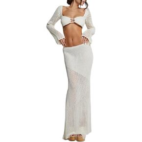 Amiblvowa Crochet Knit 2 Piece Skirt Sets for Women Summer Hollow Out Crop Top Bodycon High Waist Maxi Skirt Sets Beach Dress in Kuwait