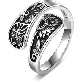 Sunflower Spoon Ring 925 Sterling Silver Vintage Adjustable Antique Spoon Ring for Women with Bohemian Flower Wide Thumb Butterfly Ring