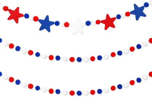 Whaline 3Pcs Independence Day Burlap Banner 4th of July Felt Pom Ball Hanging Garland Patriotic Felt Pom Pom Banner Red Blue White Star Bunting Banner for Memorial Day Home Decor Party Supplies, 8.2ft in Saudi Arabia