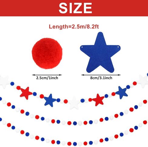 Whaline 3Pcs Independence Day Burlap Banner 4th of July Felt Pom Ball Hanging Garland Patriotic Felt Pom Pom Banner Red Blue White Star Bunting Banner for Memorial Day Home Decor Party Supplies, 8.2ft in Saudi Arabia