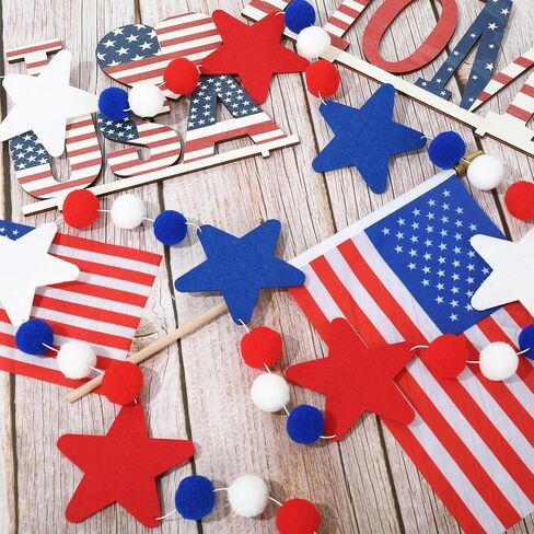 Whaline 3Pcs Independence Day Burlap Banner 4th of July Felt Pom Ball Hanging Garland Patriotic Felt Pom Pom Banner Red Blue White Star Bunting Banner for Memorial Day Home Decor Party Supplies, 8.2ft in Saudi Arabia