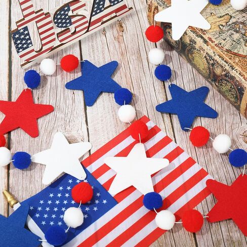 Whaline 3Pcs Independence Day Burlap Banner 4th of July Felt Pom Ball Hanging Garland Patriotic Felt Pom Pom Banner Red Blue White Star Bunting Banner for Memorial Day Home Decor Party Supplies, 8.2ft in Saudi Arabia