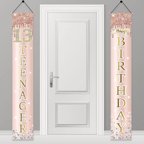 13th Birthday Decorations Door Banner for Girls, Pink Rose Gold 13 Teenager Happy Birthday Sign Party Supplies, Sweet Thirteen Year Old Birthday Backdrop Porch Décor in Saudi Arabia