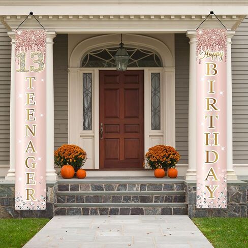 13th Birthday Decorations Door Banner for Girls, Pink Rose Gold 13 Teenager Happy Birthday Sign Party Supplies, Sweet Thirteen Year Old Birthday Backdrop Porch Décor in Saudi Arabia