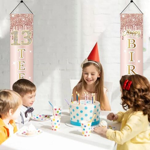 13th Birthday Decorations Door Banner for Girls, Pink Rose Gold 13 Teenager Happy Birthday Sign Party Supplies, Sweet Thirteen Year Old Birthday Backdrop Porch Décor in Saudi Arabia