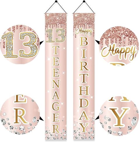 13th Birthday Decorations Door Banner for Girls, Pink Rose Gold 13 Teenager Happy Birthday Sign Party Supplies, Sweet Thirteen Year Old Birthday Backdrop Porch Décor in Saudi Arabia