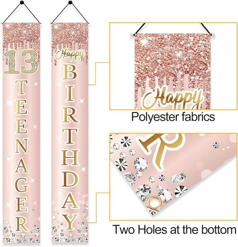 13th Birthday Decorations Door Banner for Girls, Pink Rose Gold 13 Teenager Happy Birthday Sign Party Supplies, Sweet Thirteen Year Old Birthday Backdrop Porch Décor in Saudi Arabia
