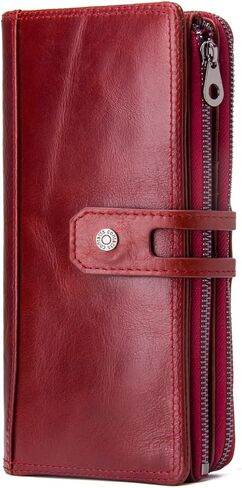 محفظة جلدية للنساء سكرتيرة دفتر شيكات حامل هاتف طويل بسحاب محفظة RFID ثلاثية الطي سعة كبيرة محفظة بمقبض هدية عيد الأم (أحمر) in Kuwait
